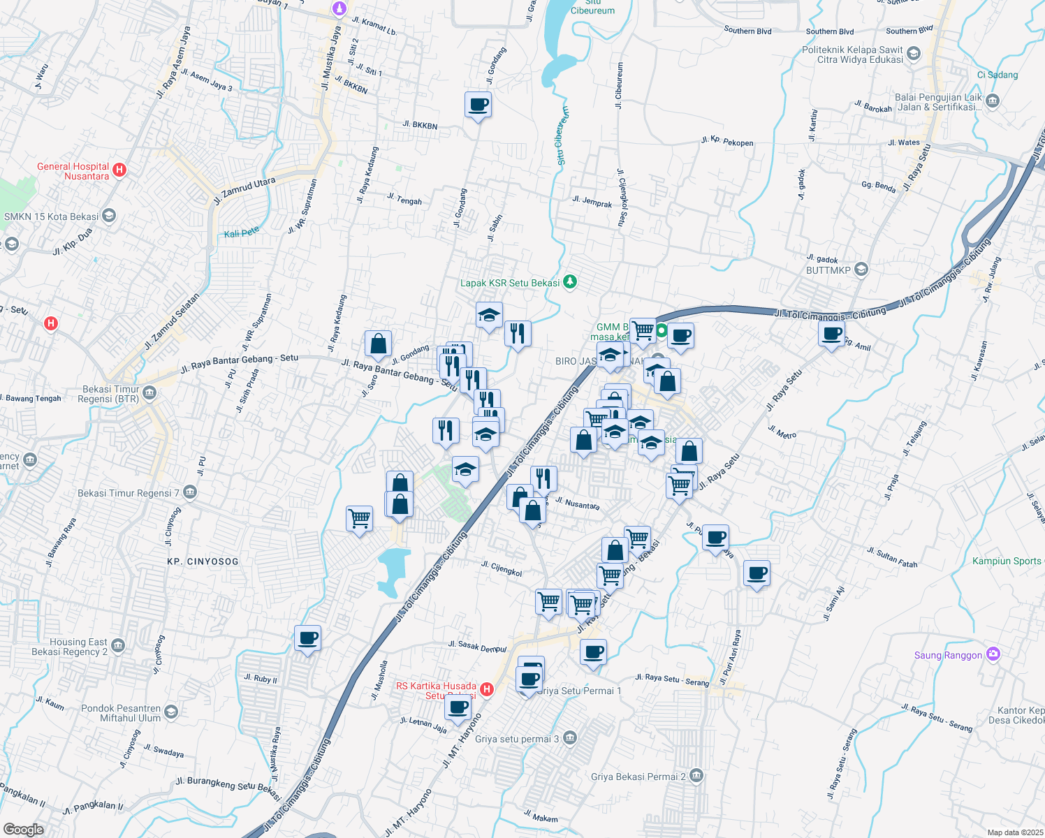 map of restaurants, bars, coffee shops, grocery stores, and more near in Bekasi Regency