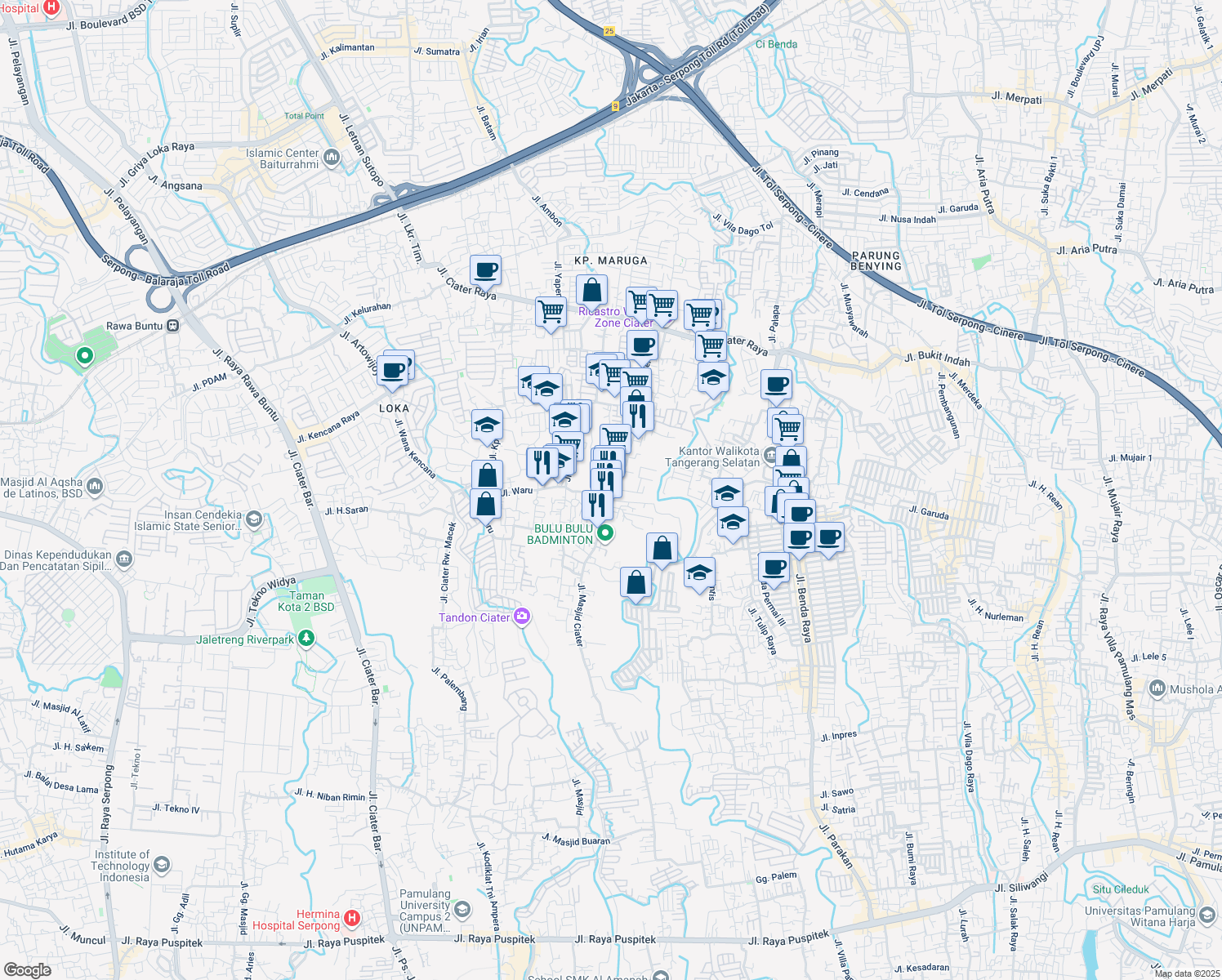 map of restaurants, bars, coffee shops, grocery stores, and more near Jalan Masjid Ciater in Kota Tangerang Selatan