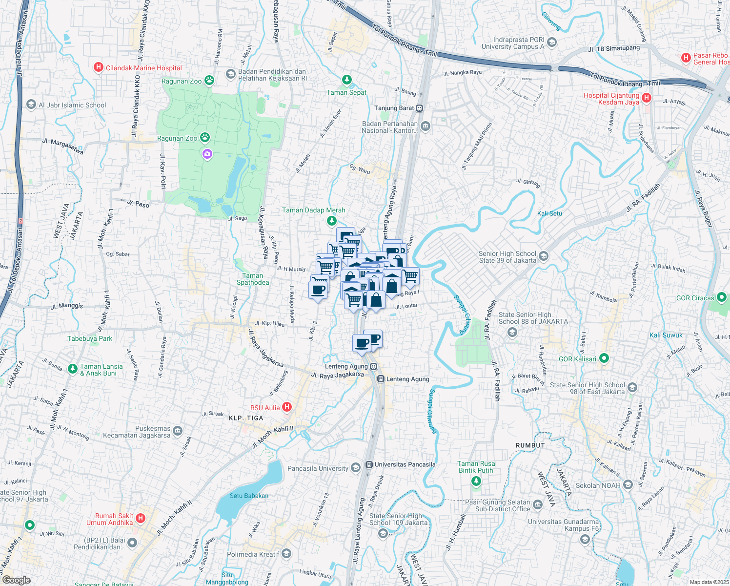 map of restaurants, bars, coffee shops, grocery stores, and more near 4 Gang Waspada I in Kota Jakarta Selatan