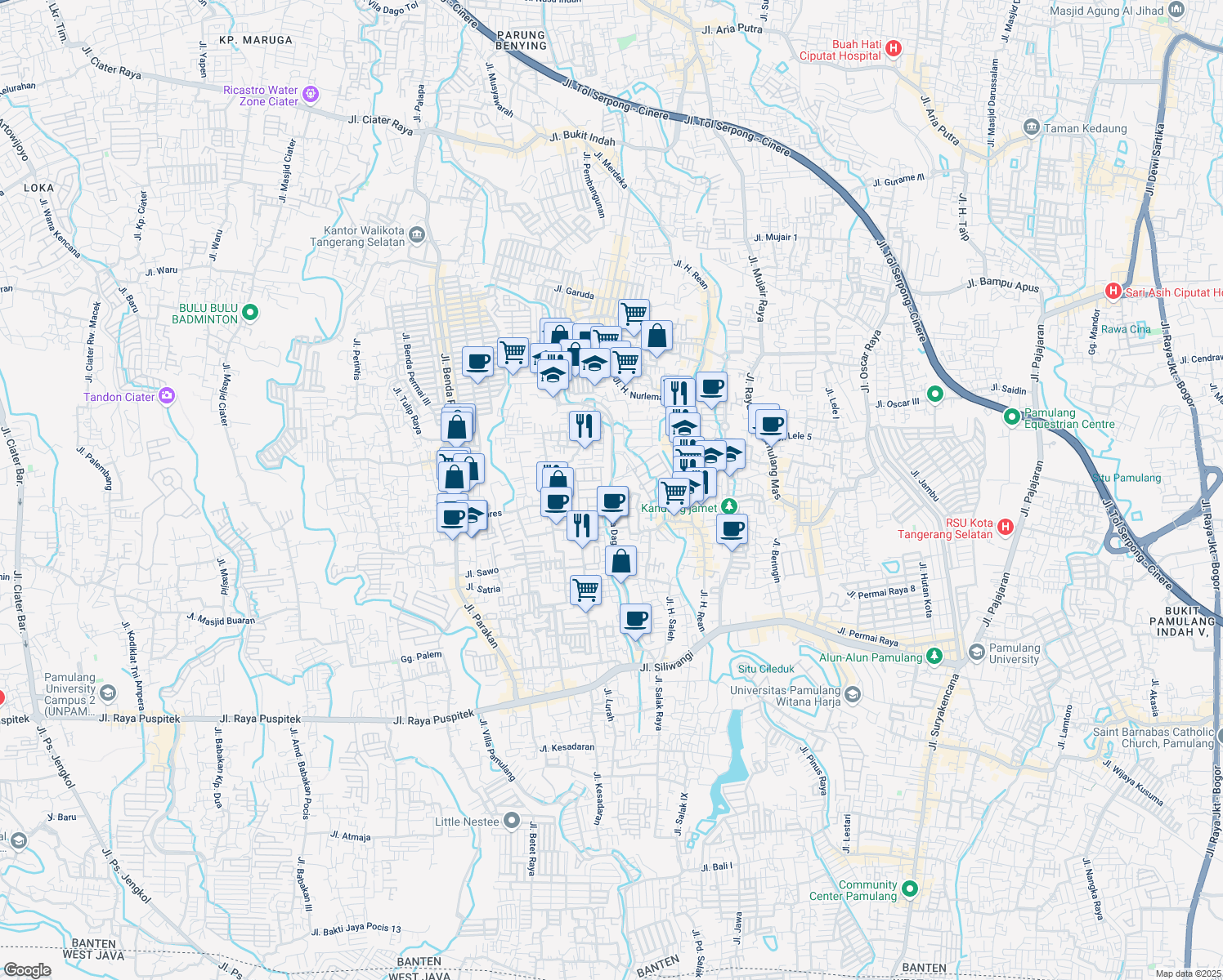 map of restaurants, bars, coffee shops, grocery stores, and more near C11/6 Jalan Taman Parang Tritis in South Tangerang