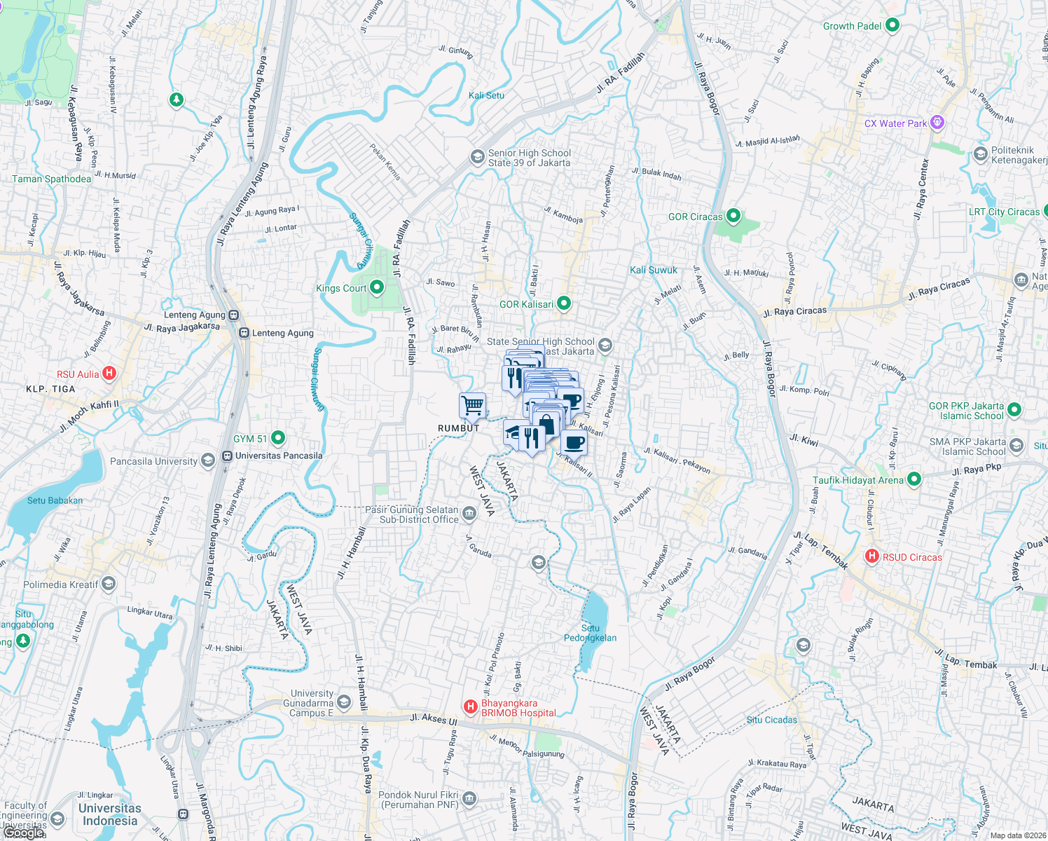 map of restaurants, bars, coffee shops, grocery stores, and more near 14 Jalan Kemang in Kota Jakarta Timur