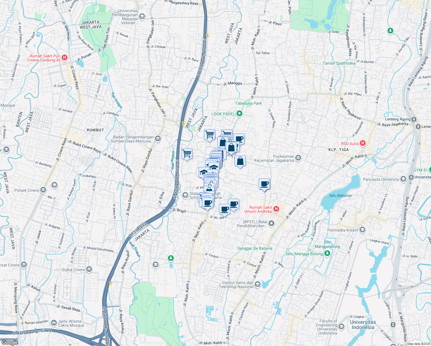 map of restaurants, bars, coffee shops, grocery stores, and more near 19B Jalan Mohammad Kafi 1 in Kota Jakarta Selatan