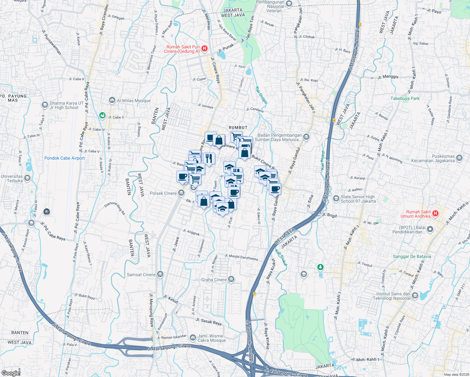 map of restaurants, bars, coffee shops, grocery stores, and more near 46 Jalan Mesjid Nur Amin/Gandul in Depok