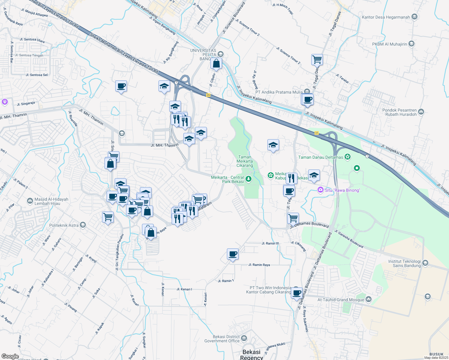 map of restaurants, bars, coffee shops, grocery stores, and more near Jalan Orange County Boulevard in Bekasi
