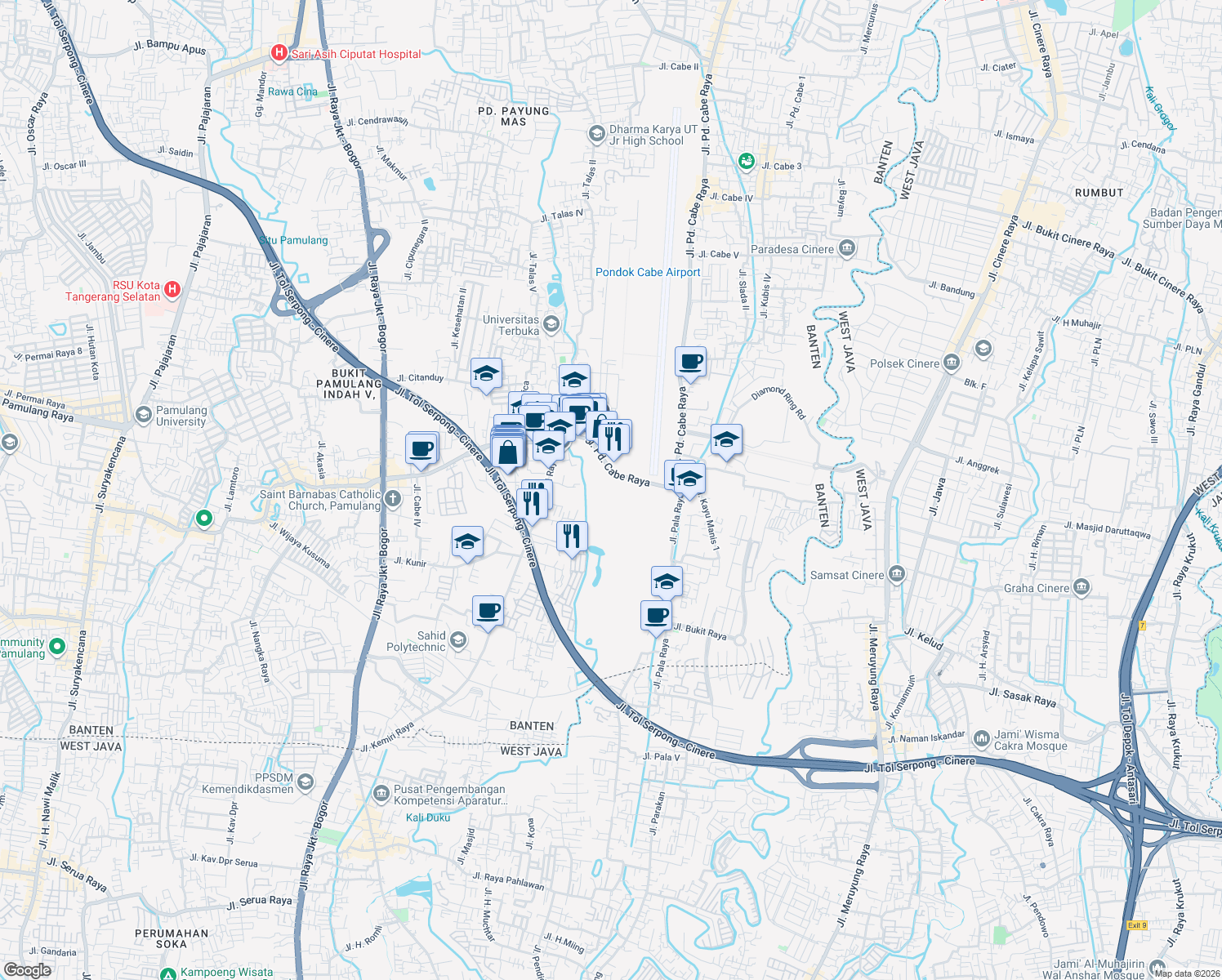 map of restaurants, bars, coffee shops, grocery stores, and more near 29 Jalan kemiri 2 in South Tangerang