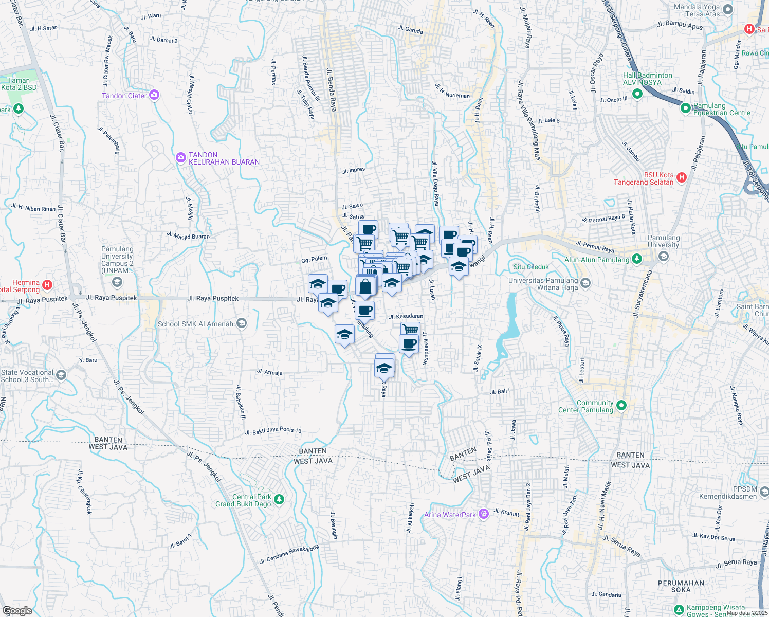 map of restaurants, bars, coffee shops, grocery stores, and more near 36 Jalan Kesadaran in South Tangerang