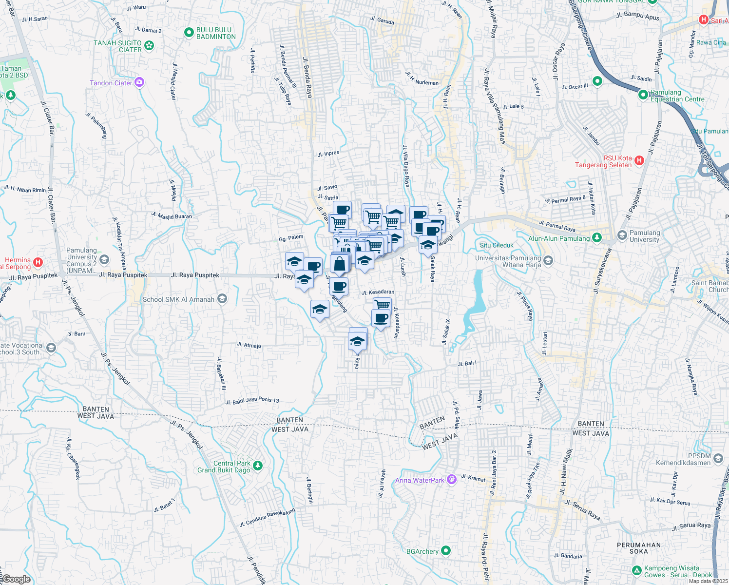 map of restaurants, bars, coffee shops, grocery stores, and more near 36 Jalan Kesadaran in Kota Tangerang Selatan