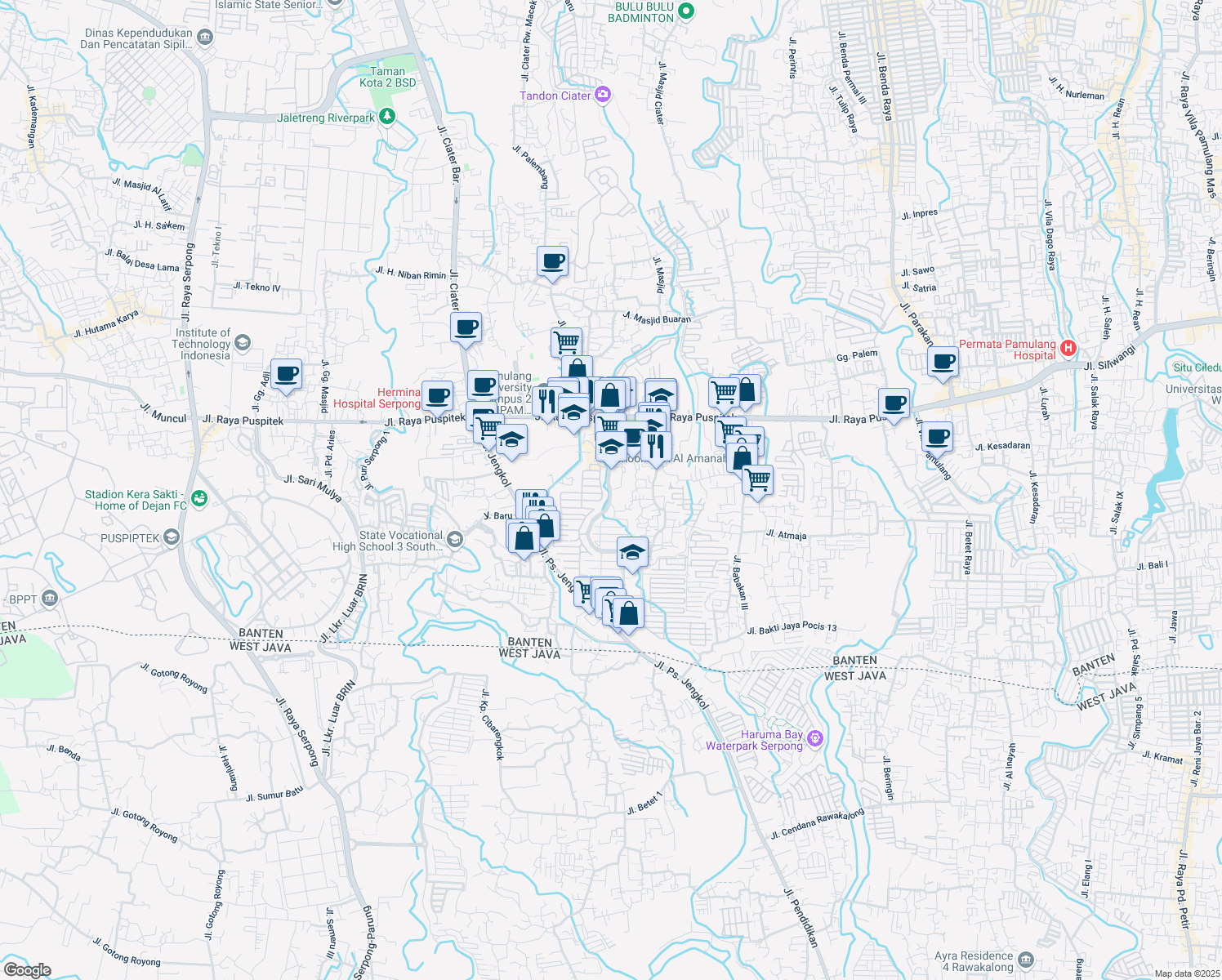 map of restaurants, bars, coffee shops, grocery stores, and more near Jalan Nirwana Serpong Agung in Kota Tangerang Selatan