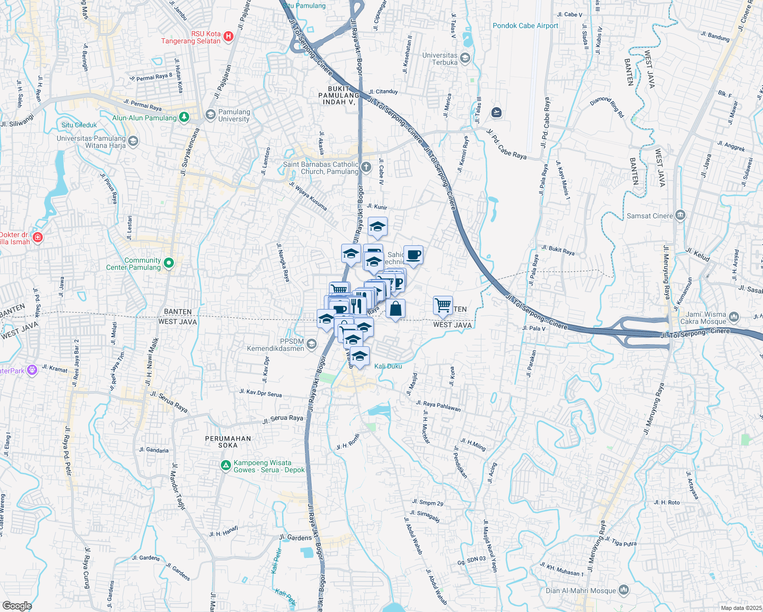 map of restaurants, bars, coffee shops, grocery stores, and more near 48 Jalan Kemiri Raya in Kota Tangerang Selatan