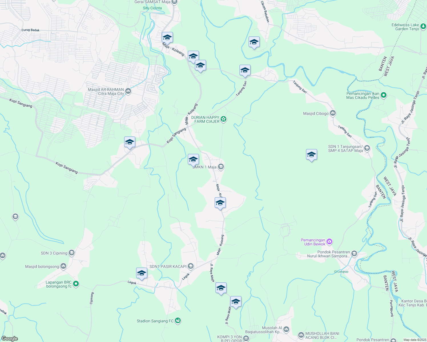 map of restaurants, bars, coffee shops, grocery stores, and more near Raya Maja in Lebak