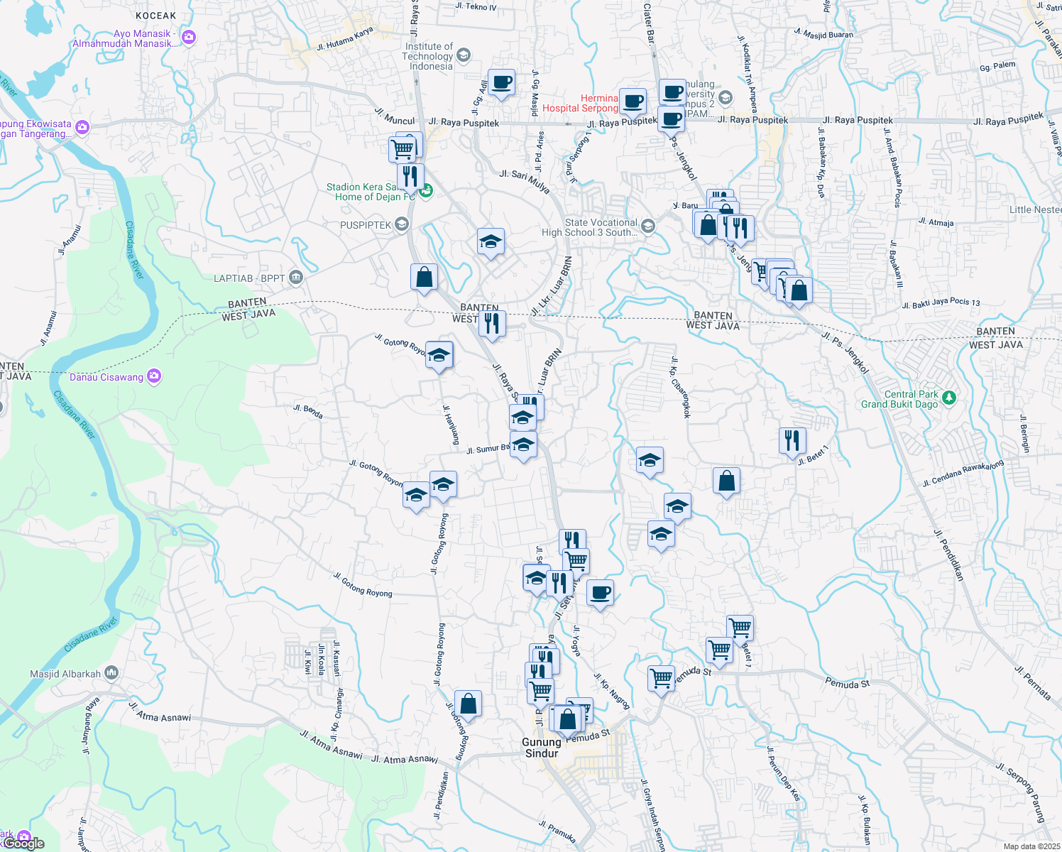 map of restaurants, bars, coffee shops, grocery stores, and more near 174 Jalan Serpong Raya in Bogor