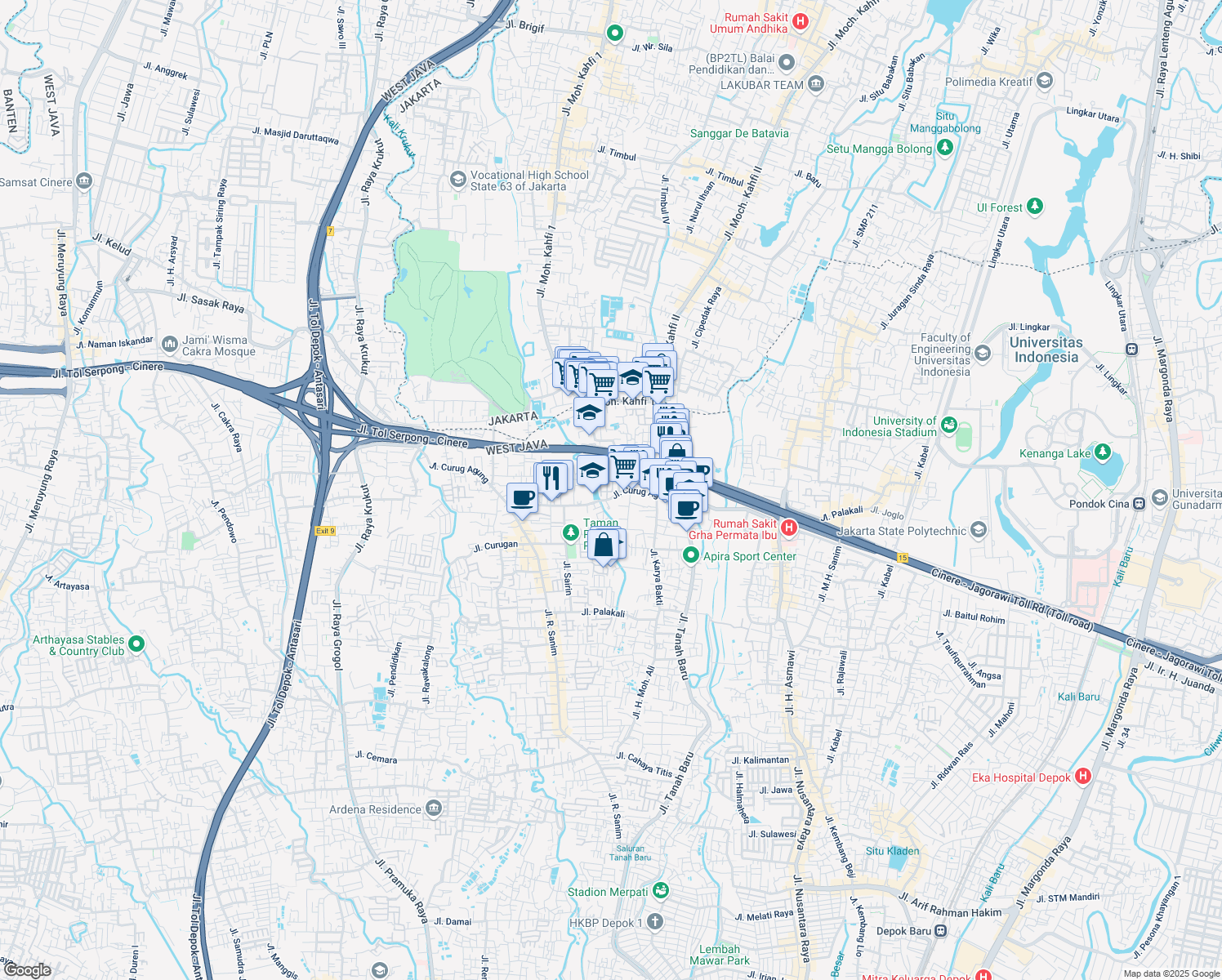 map of restaurants, bars, coffee shops, grocery stores, and more near Jalan Tugu Tanah Baru Town House in Kota Depok