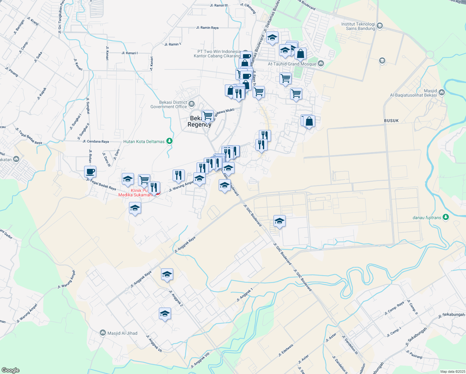 map of restaurants, bars, coffee shops, grocery stores, and more near in Bekasi Regency