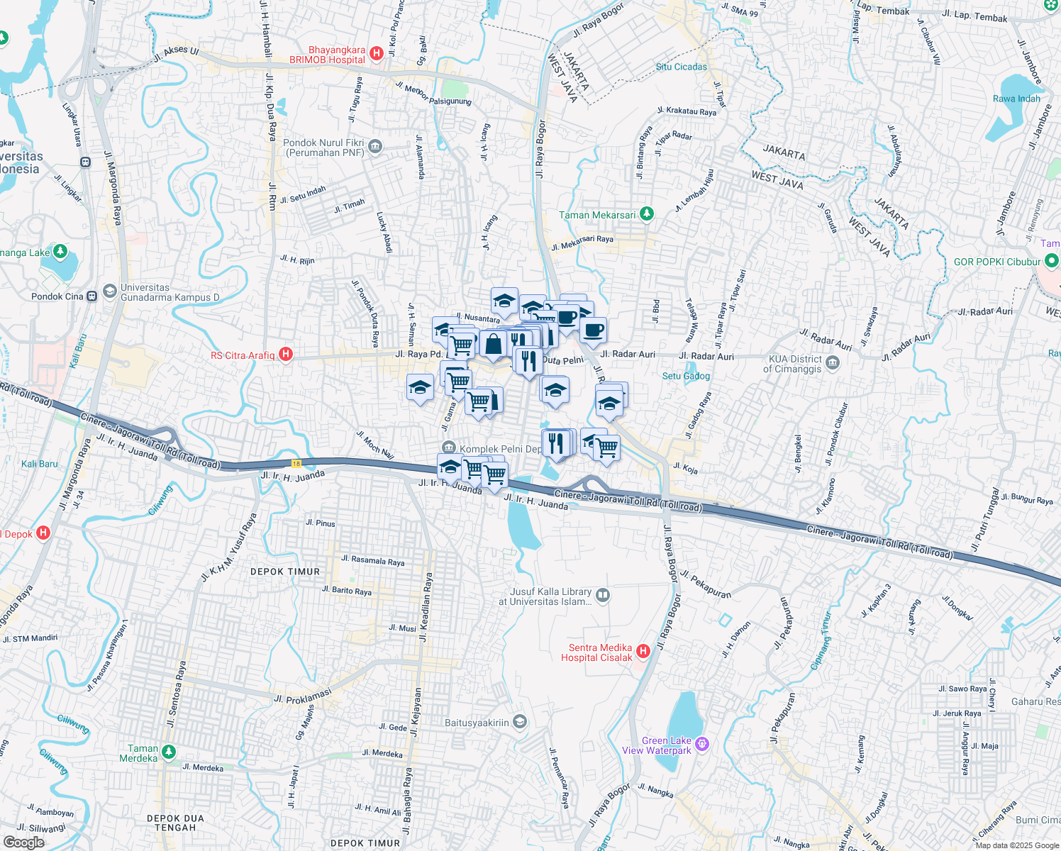 map of restaurants, bars, coffee shops, grocery stores, and more near 4 Jalan Kenanga X in Kota Depok
