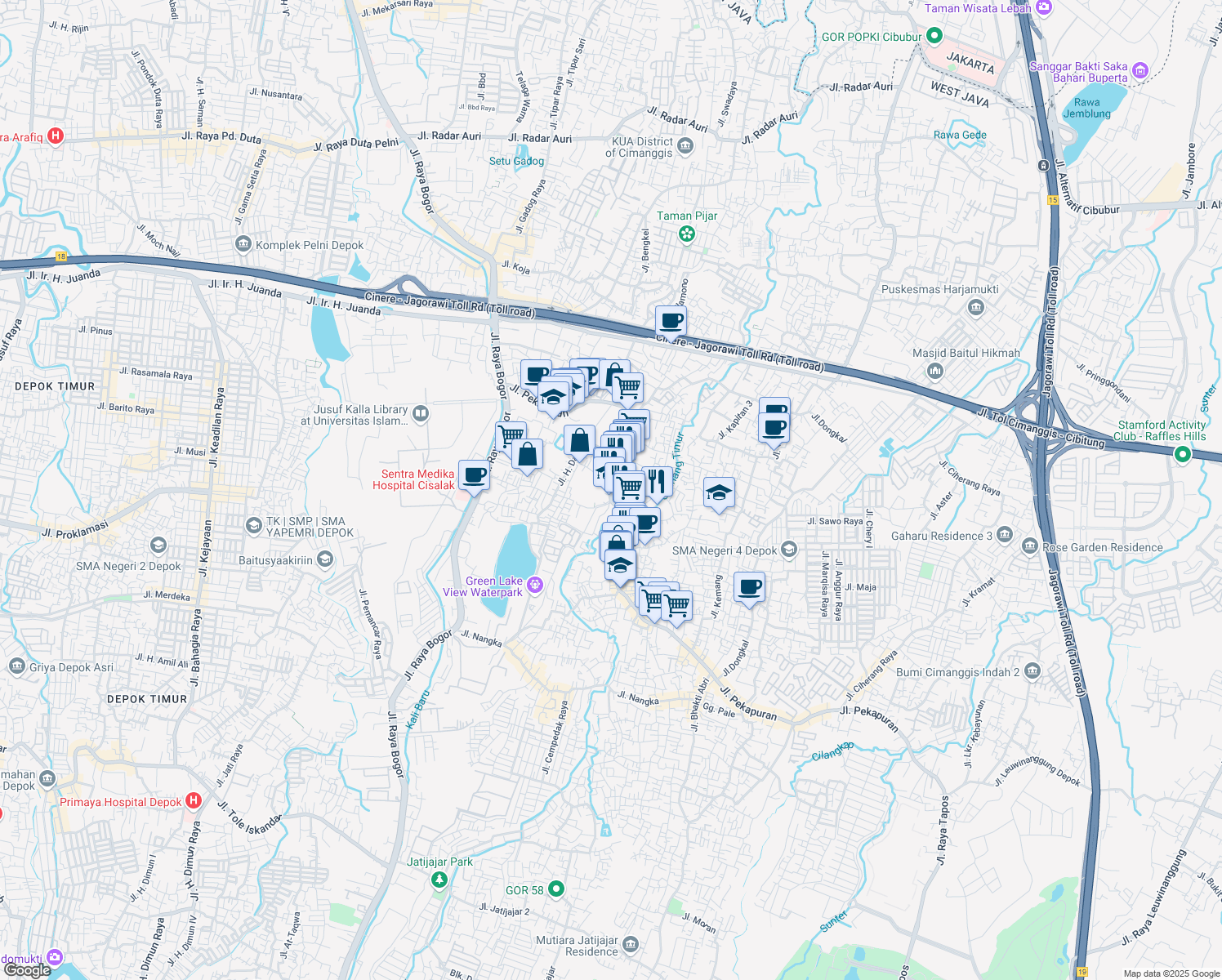 map of restaurants, bars, coffee shops, grocery stores, and more near 13 Jalan Pekapuran in Kota Depok