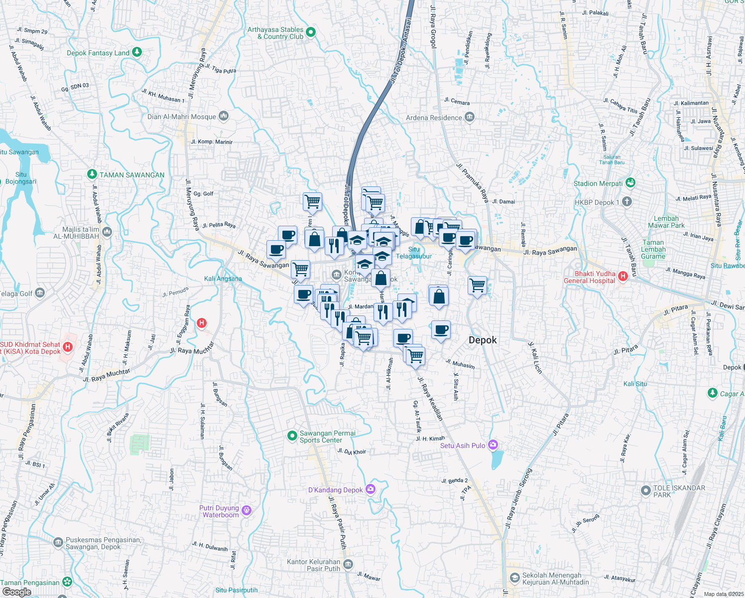 map of restaurants, bars, coffee shops, grocery stores, and more near 90 Gang Diana II in Kota Depok