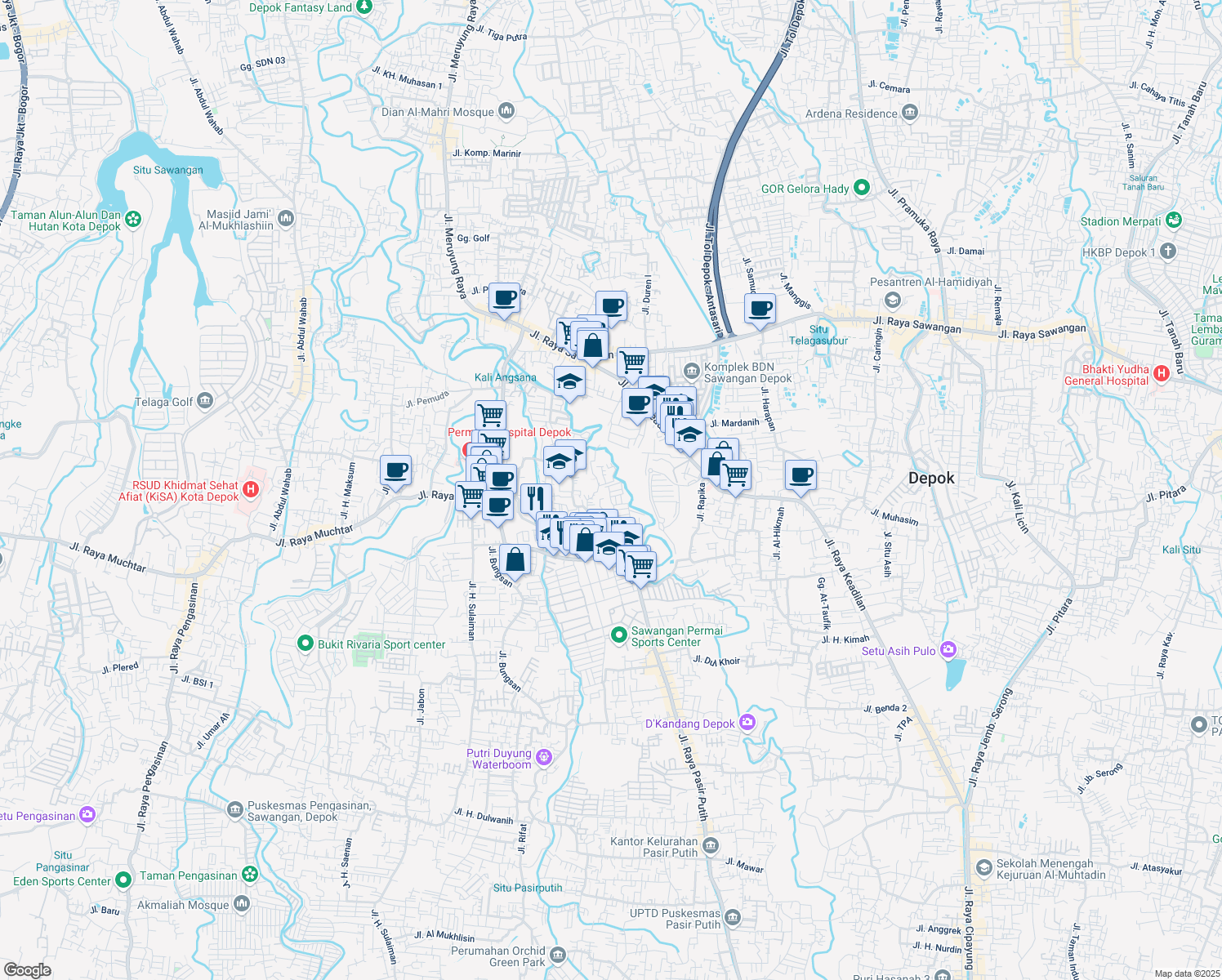 map of restaurants, bars, coffee shops, grocery stores, and more near 12 Blok A5 in Kota Depok