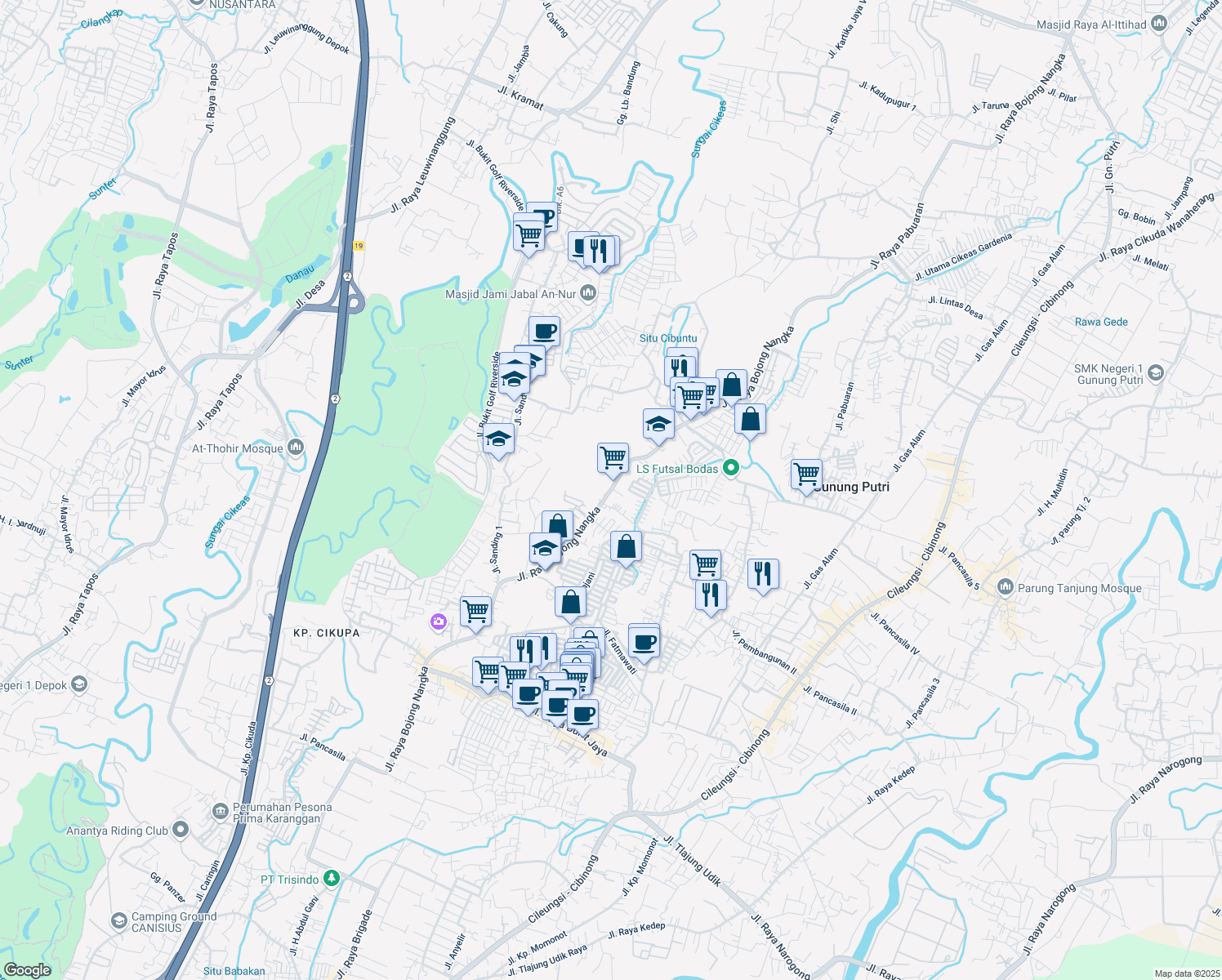 map of restaurants, bars, coffee shops, grocery stores, and more near 88 Jalan Raya Bojong Nangka in Bogor