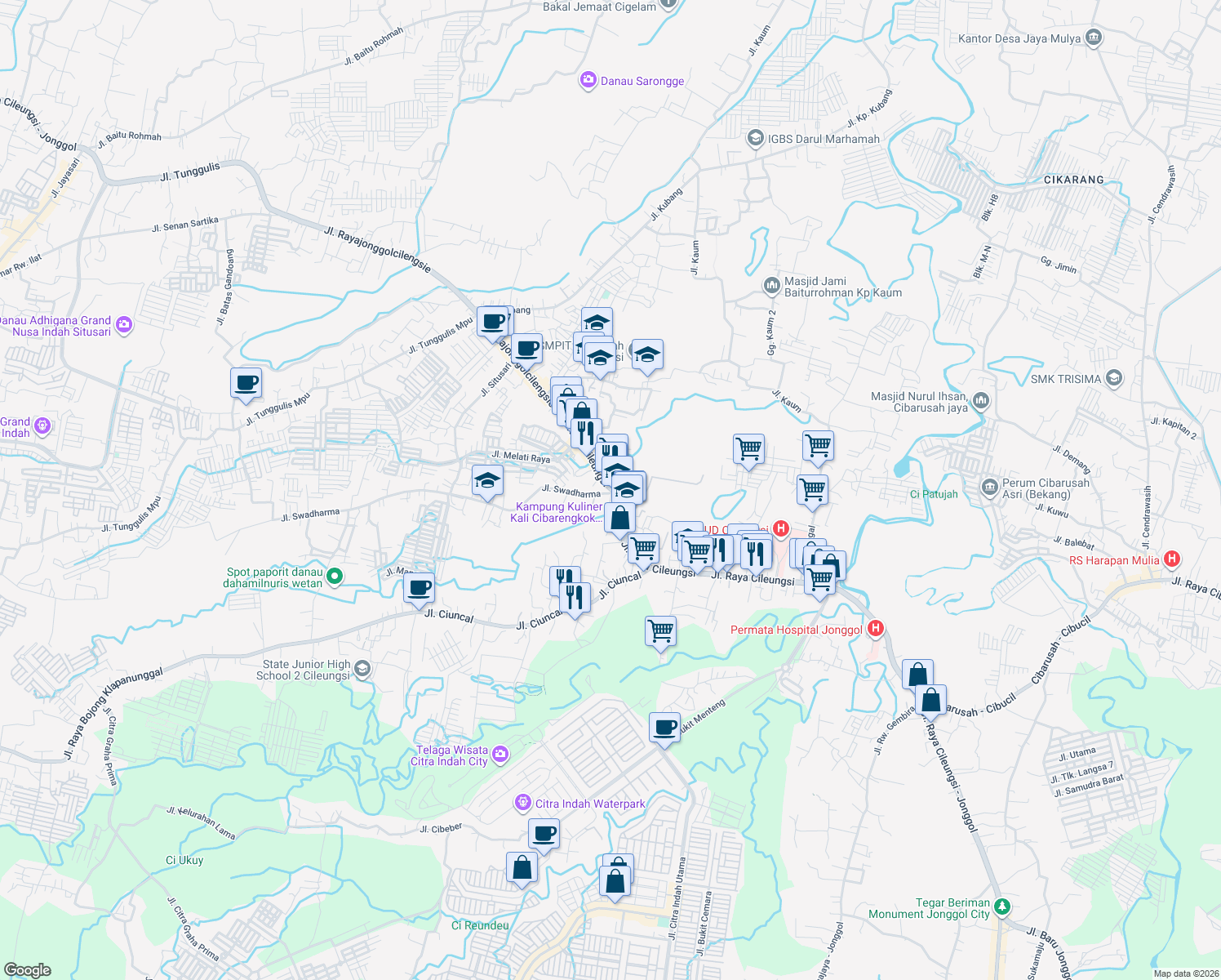 map of restaurants, bars, coffee shops, grocery stores, and more near Jalan Raya Cileungsi in Kabupaten Bogor