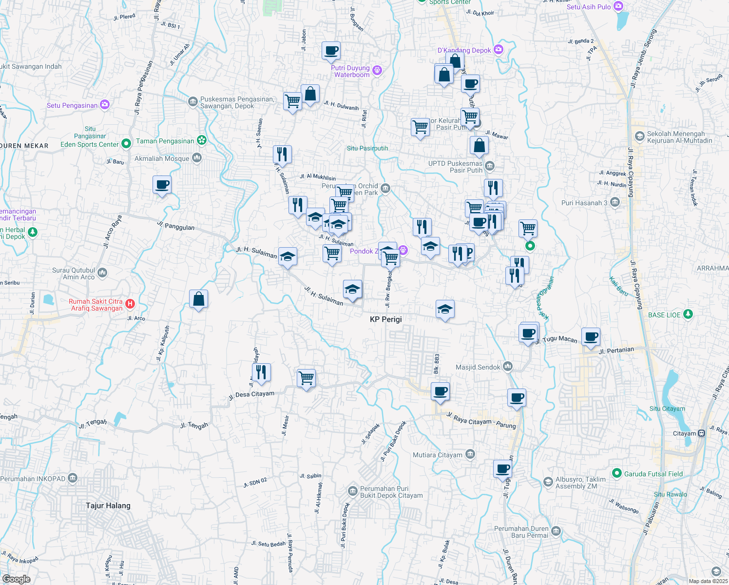 map of restaurants, bars, coffee shops, grocery stores, and more near 34 Jalan Jabon in Kota Depok