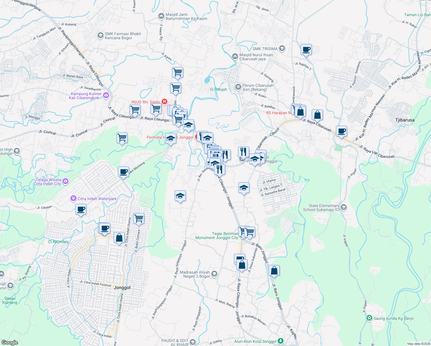 map of restaurants, bars, coffee shops, grocery stores, and more near Jalan Raya Jonggol - Cileungsi in Bogor