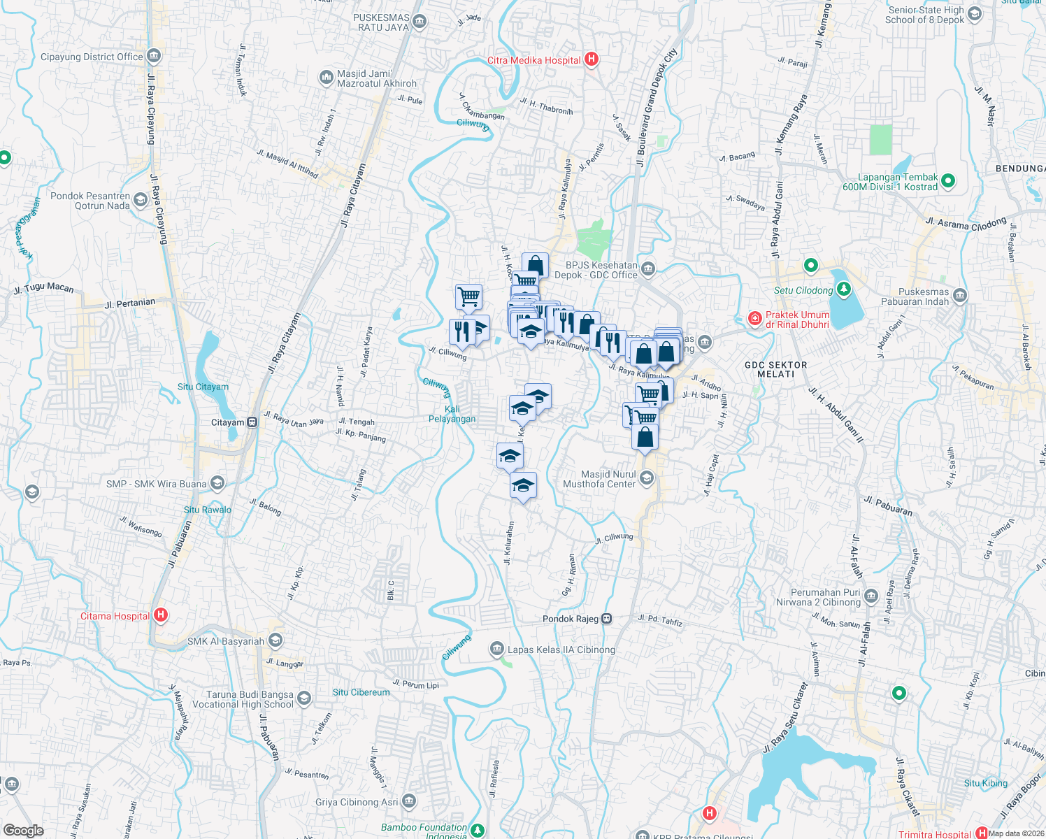 map of restaurants, bars, coffee shops, grocery stores, and more near Jalan Kelurahan in Kota Depok