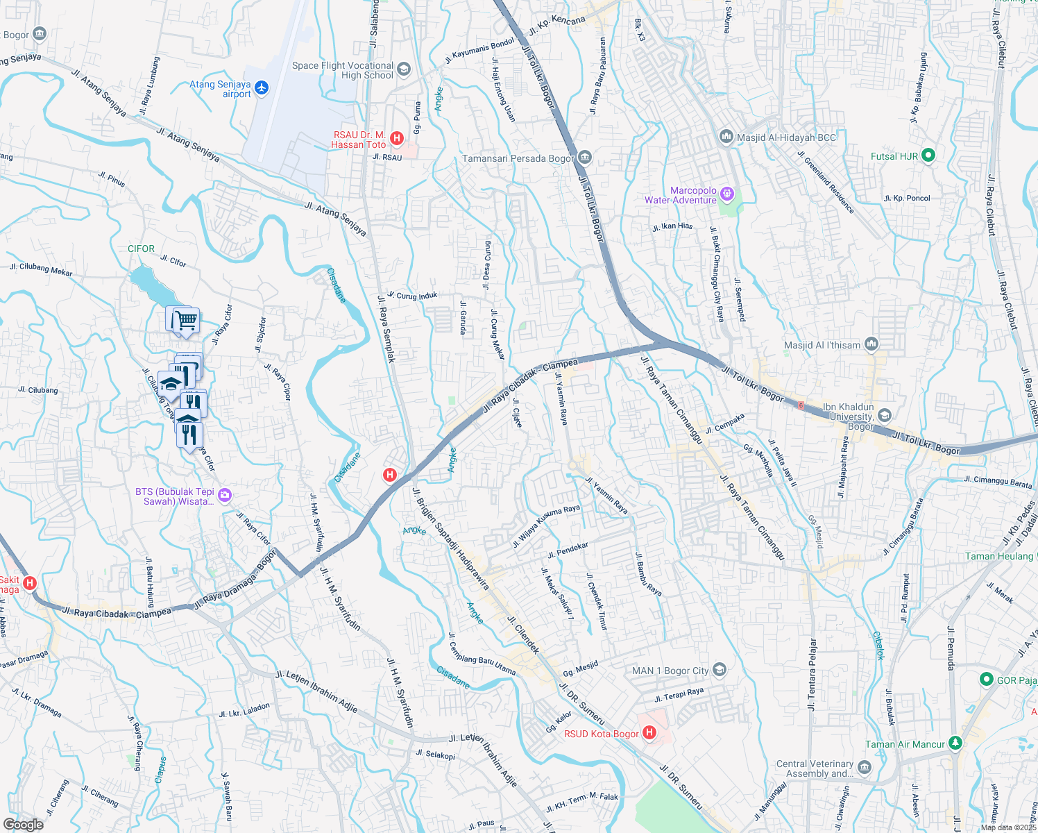 map of restaurants, bars, coffee shops, grocery stores, and more near 27 Jalan Cijahe in Kota Bogor