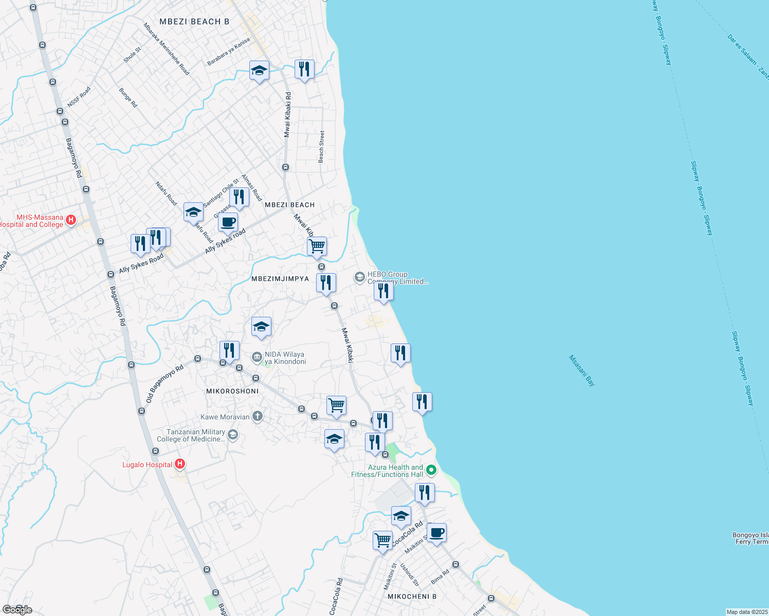 map of restaurants, bars, coffee shops, grocery stores, and more near Off Mwai Kibaki Road in Dar es Salaam