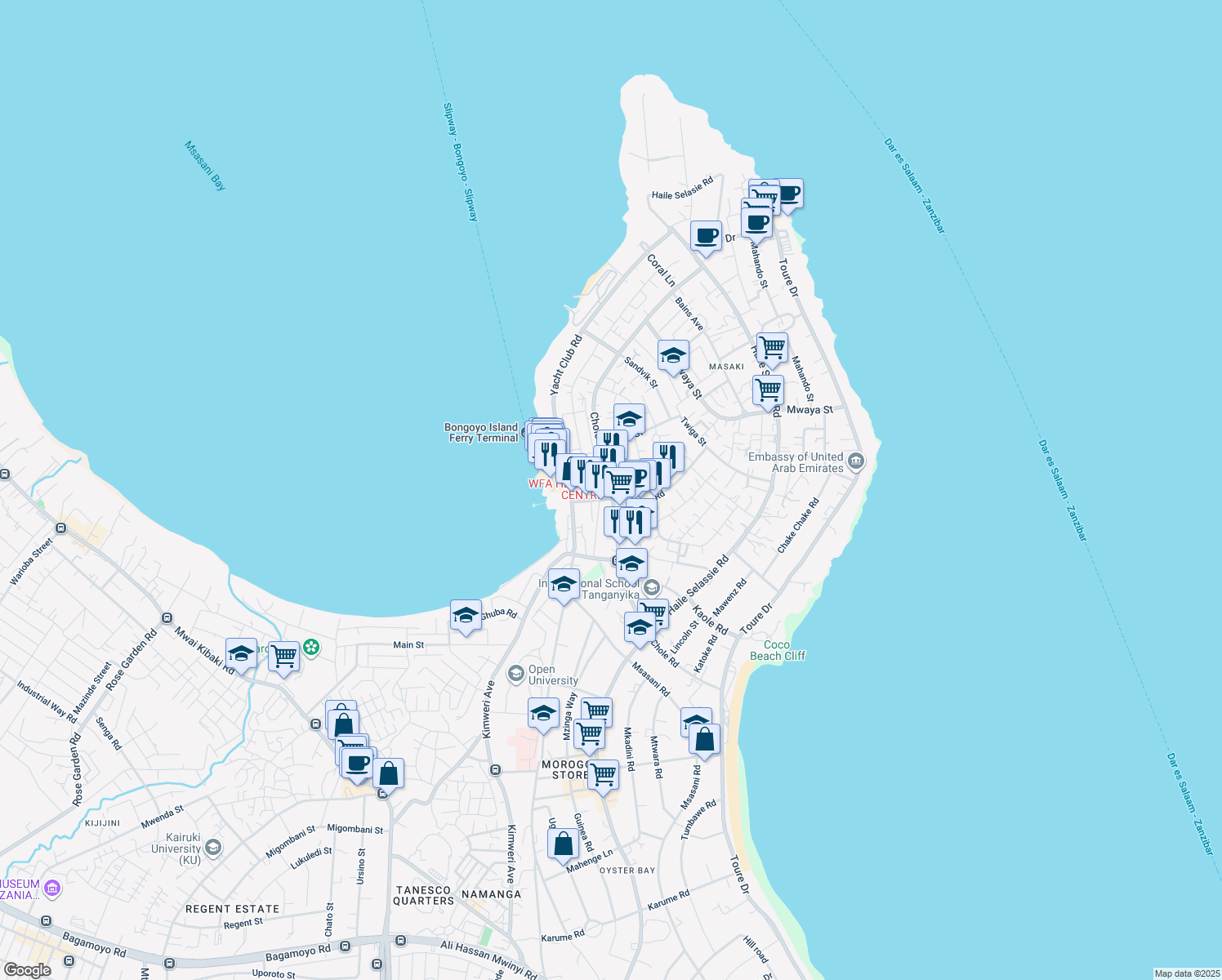 map of restaurants, bars, coffee shops, grocery stores, and more near Chole Road in Dar es Salaam
