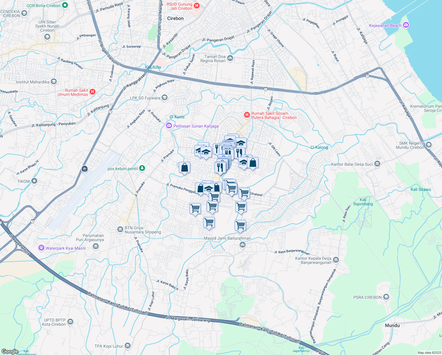 map of restaurants, bars, coffee shops, grocery stores, and more near 26 Jalan Ciremai Raya in Kota Cirebon