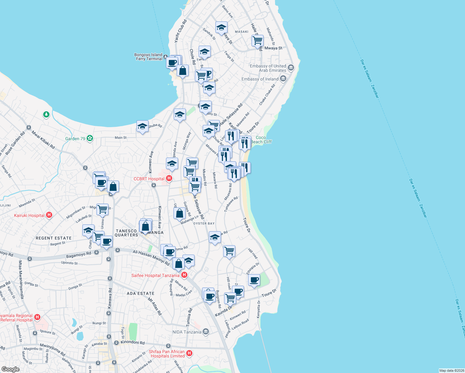 map of restaurants, bars, coffee shops, grocery stores, and more near in Dar es Salaam