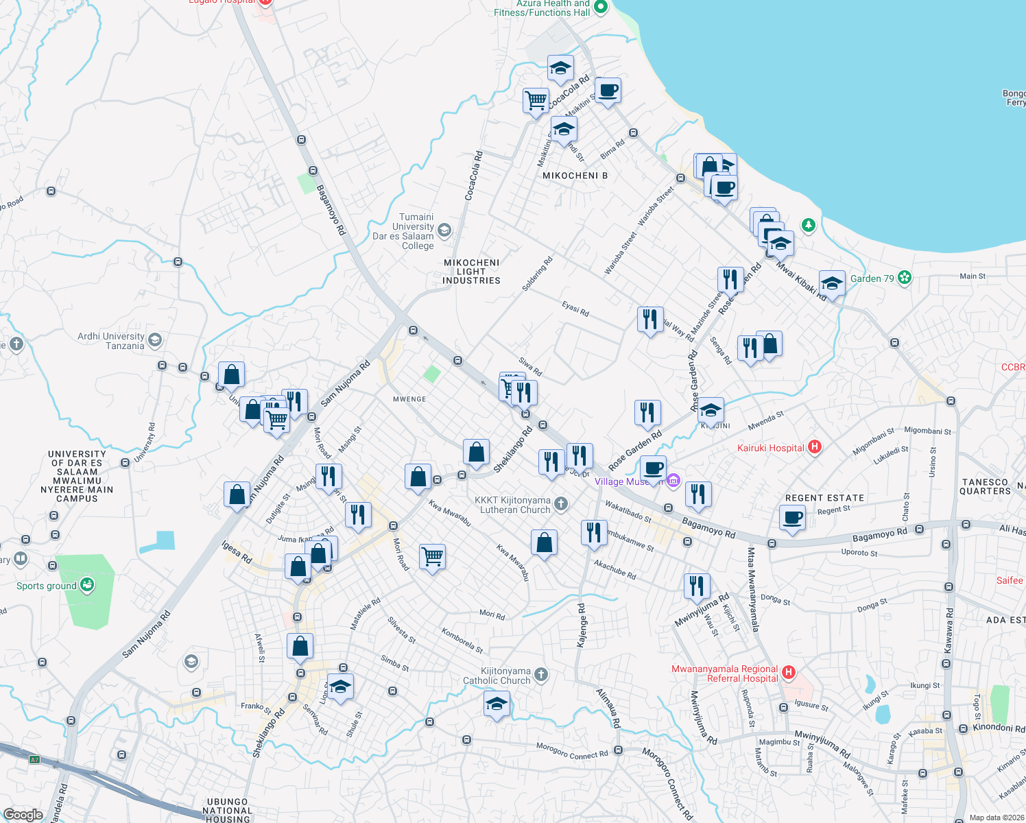 map of restaurants, bars, coffee shops, grocery stores, and more near Shekilango Road in Dar es Salaam
