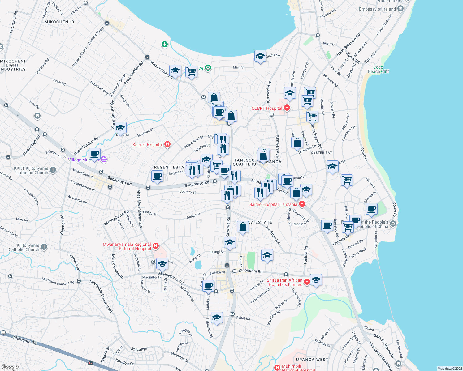 map of restaurants, bars, coffee shops, grocery stores, and more near Ali Hassan Mwinyi Road in Dar es Salaam