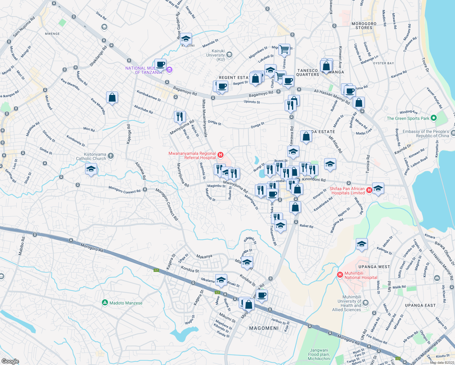 map of restaurants, bars, coffee shops, grocery stores, and more near Mwinyijuma Road in Dar es Salaam