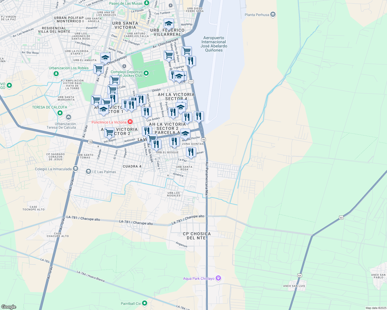 map of restaurants, bars, coffee shops, grocery stores, and more near 2012 Avenida Manuel Seoane in La Victoria