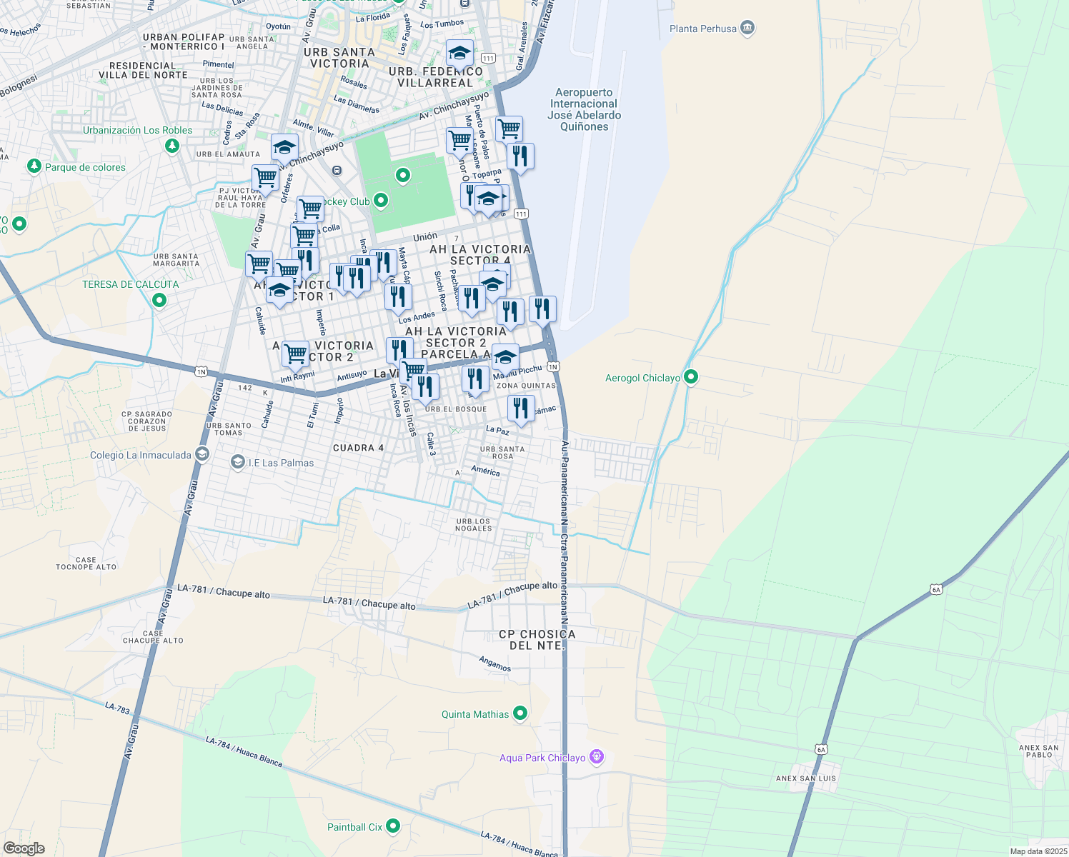 map of restaurants, bars, coffee shops, grocery stores, and more near 2012 Avenida Manuel Seoane in La Victoria
