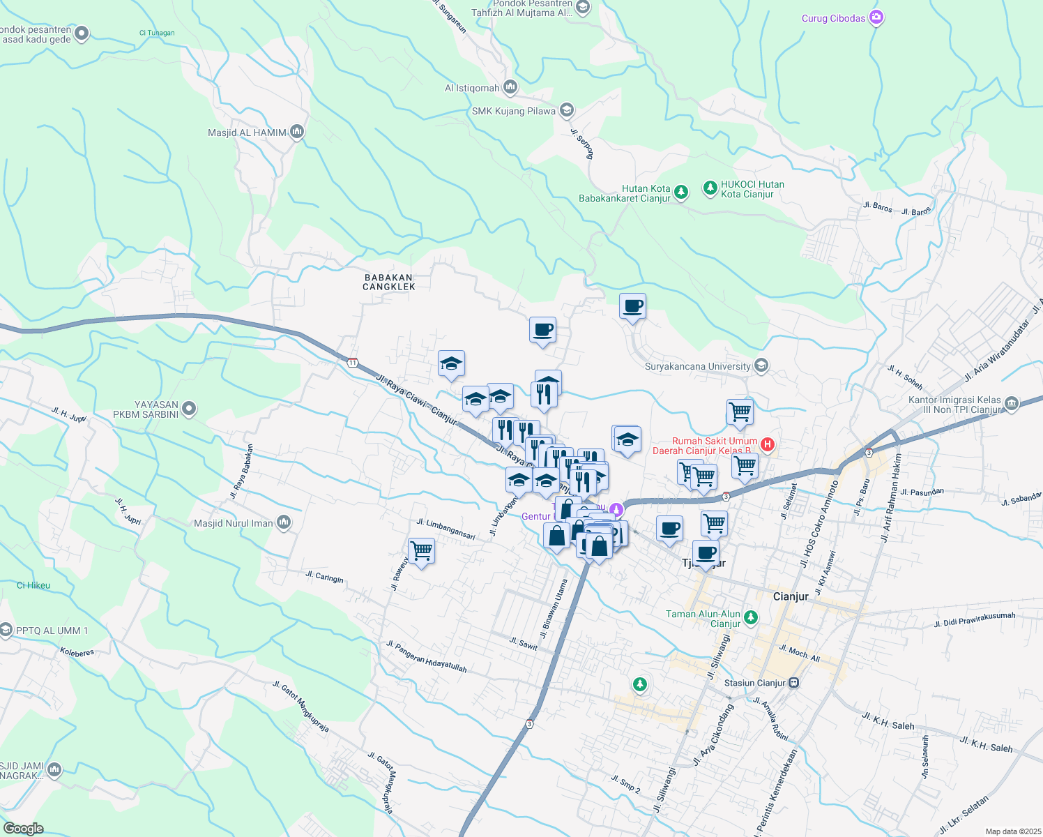 map of restaurants, bars, coffee shops, grocery stores, and more near Jalan Panembong Girang in Kabupaten Cianjur