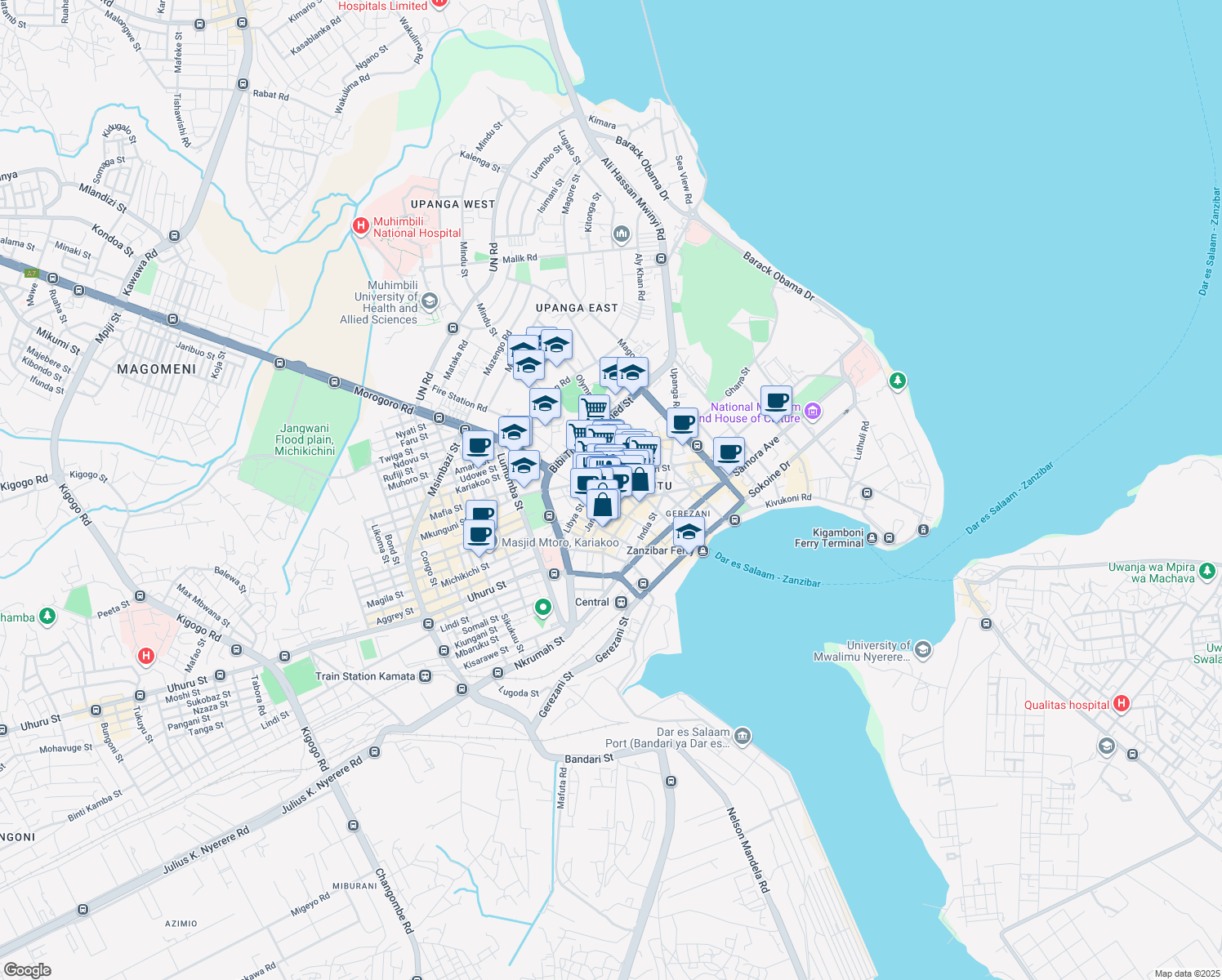 map of restaurants, bars, coffee shops, grocery stores, and more near Jamhuri Street in Dar es Salaam