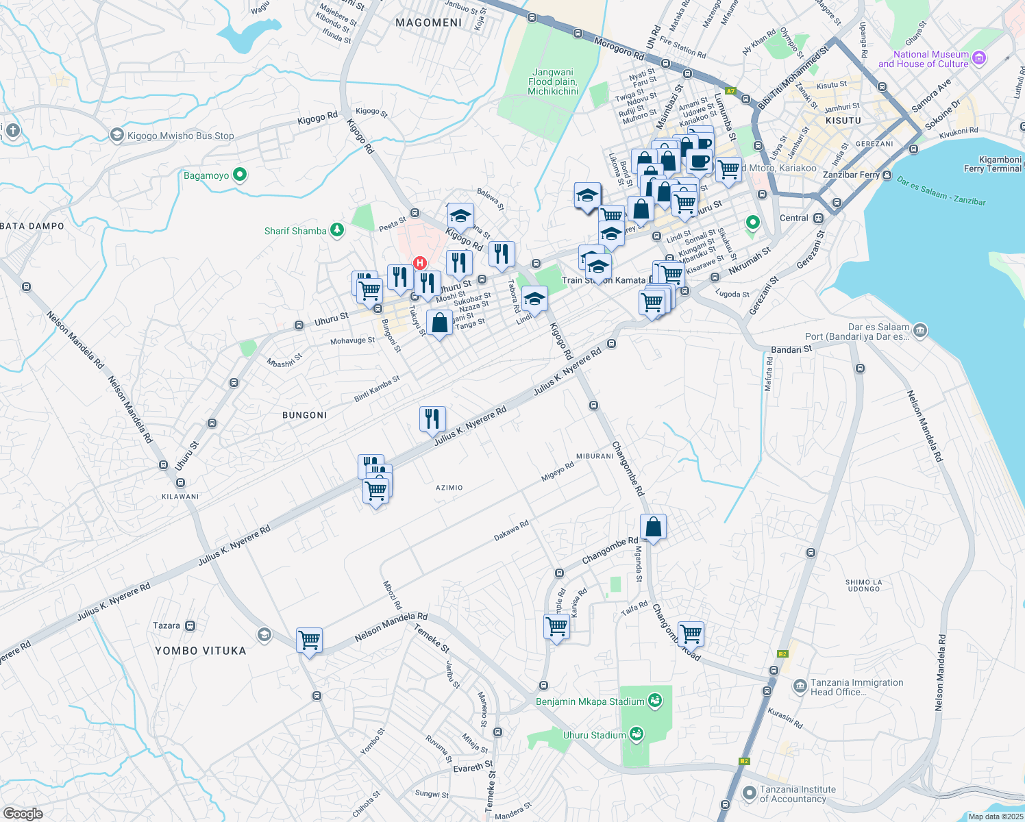 map of restaurants, bars, coffee shops, grocery stores, and more near Julius K. Nyerere Road in Dar es Salaam