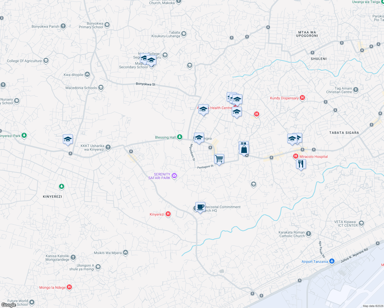 map of restaurants, bars, coffee shops, grocery stores, and more near Migombani Street in Dar es Salaam