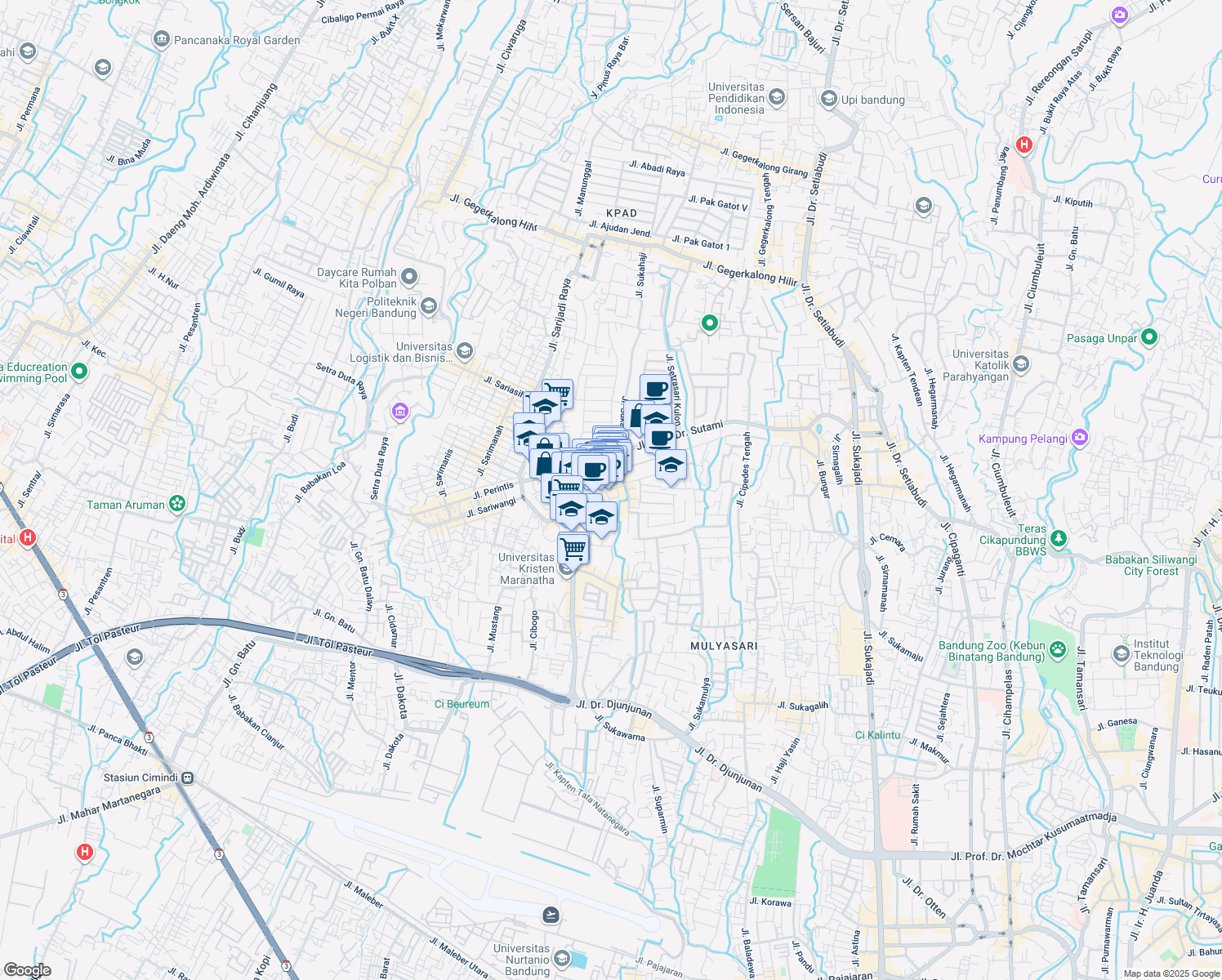 map of restaurants, bars, coffee shops, grocery stores, and more near Jalan Terusan Sutami in Bandung