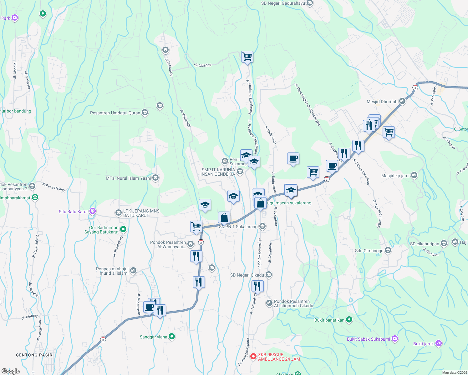 map of restaurants, bars, coffee shops, grocery stores, and more near Jalan Balai Desa in Sukabumi