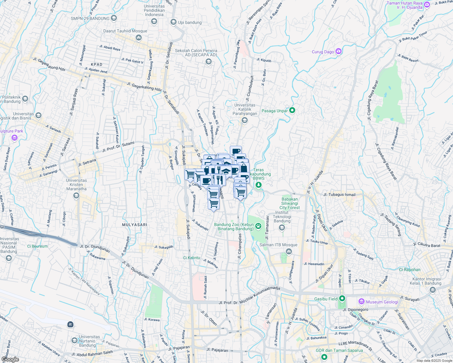 map of restaurants, bars, coffee shops, grocery stores, and more near Jalan Cipaganti Permai 2 in Bandung