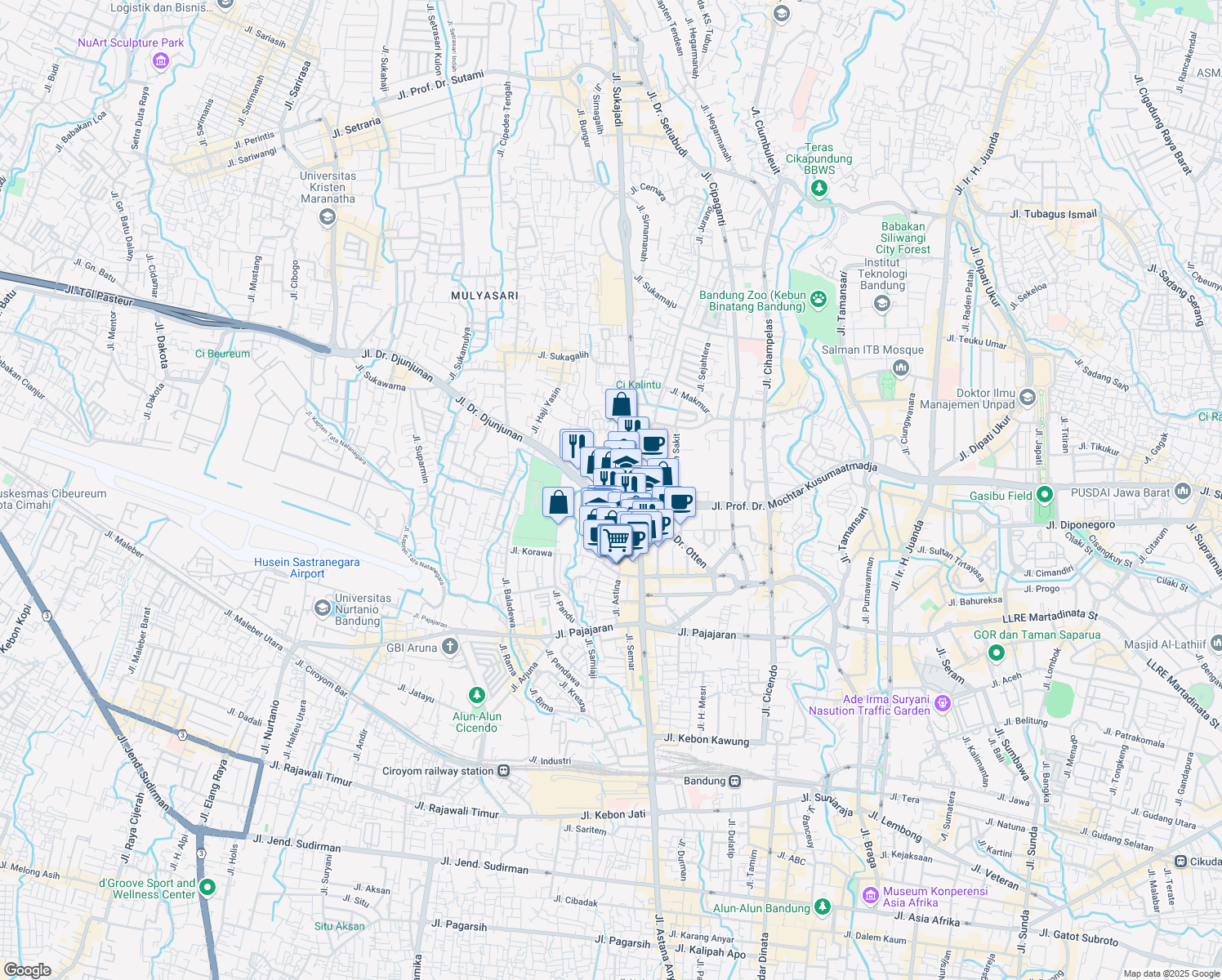 map of restaurants, bars, coffee shops, grocery stores, and more near Jalan Suka Ati in Kota Bandung