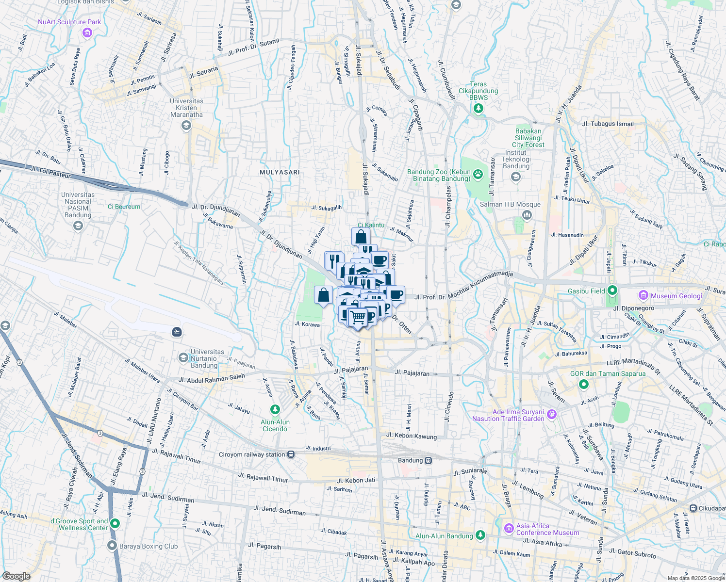 map of restaurants, bars, coffee shops, grocery stores, and more near Jalan Suka Ati in Kota Bandung