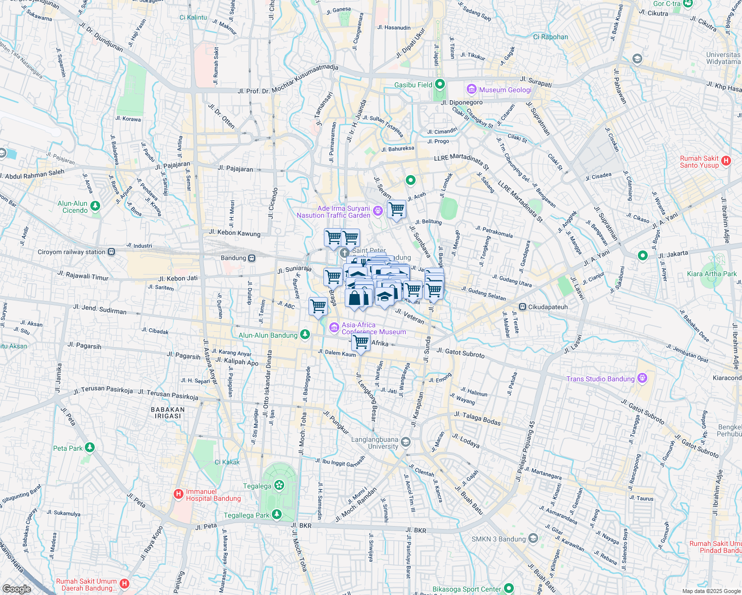 map of restaurants, bars, coffee shops, grocery stores, and more near Jalan Lembong in Bandung