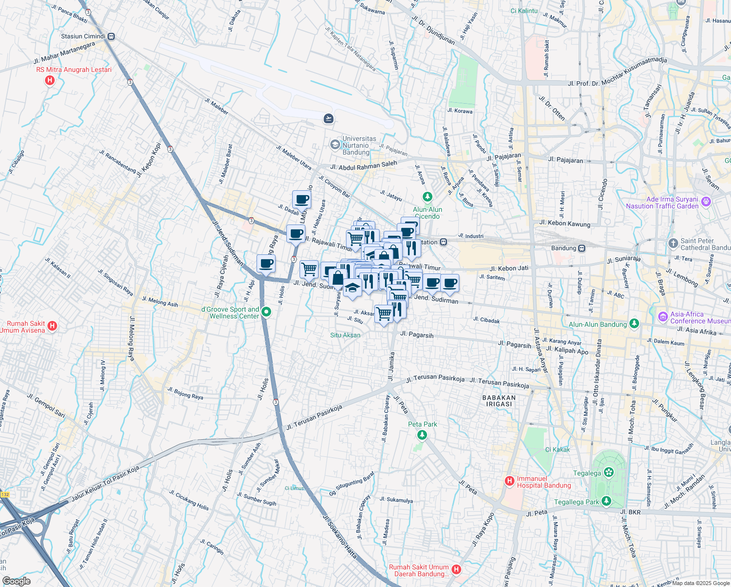 map of restaurants, bars, coffee shops, grocery stores, and more near Jalan Jendral Sudirman in Bandung