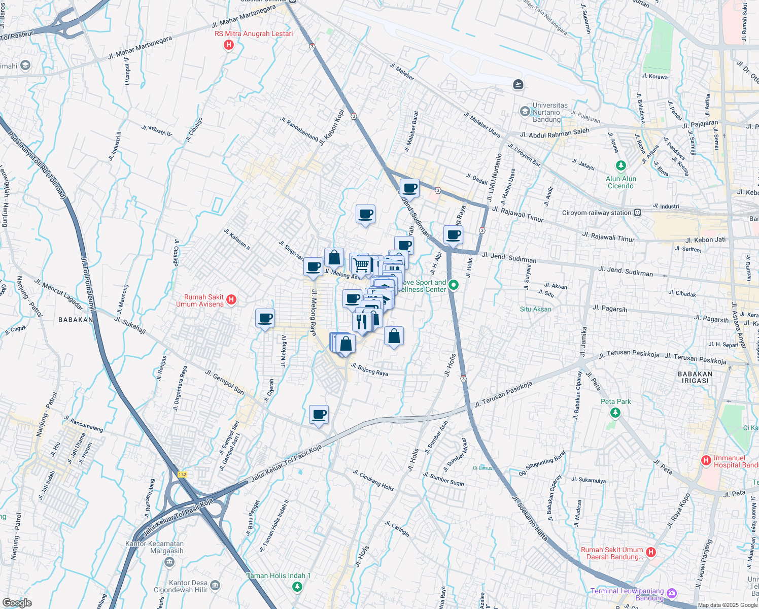 map of restaurants, bars, coffee shops, grocery stores, and more near 128 Jalan Raya Cijerah in Kota Bandung