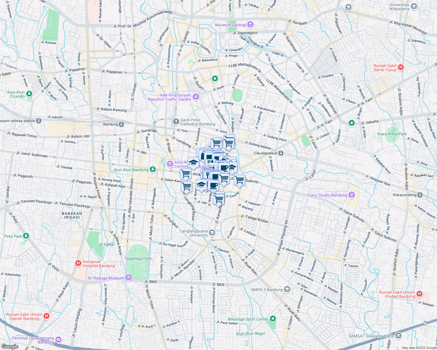 map of restaurants, bars, coffee shops, grocery stores, and more near 141-149 Jalan Asia Afrika in Kota Bandung
