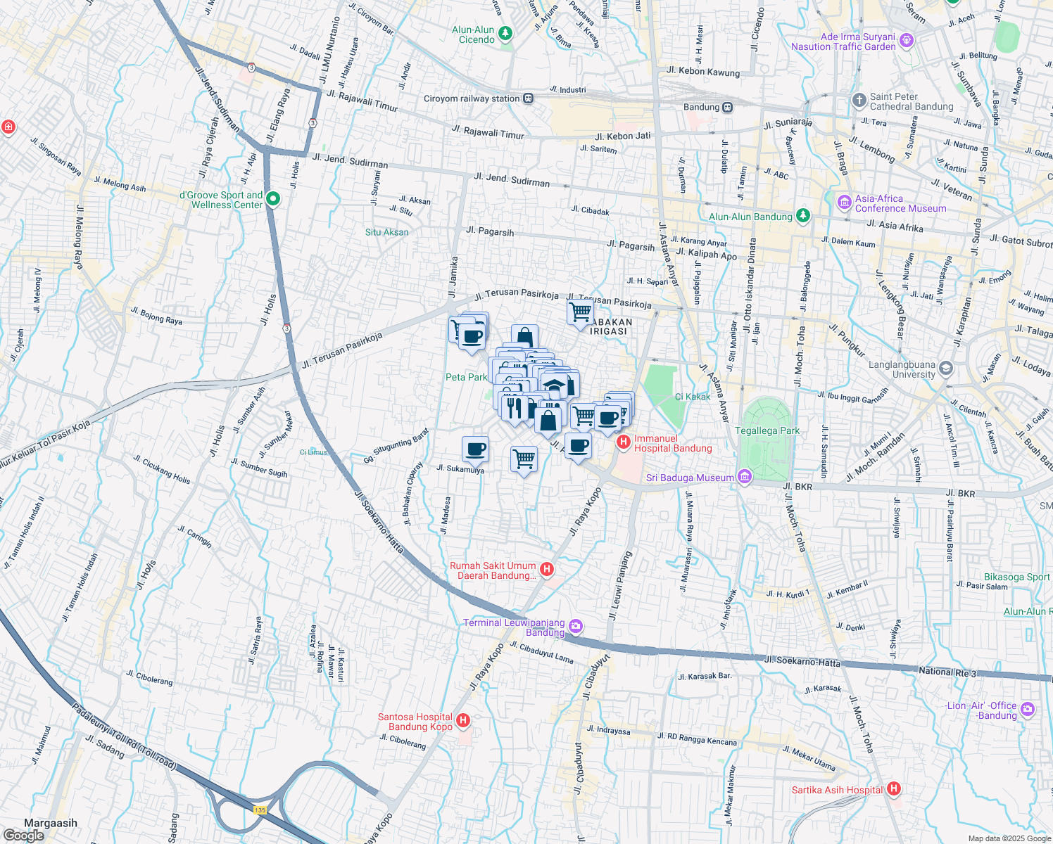 map of restaurants, bars, coffee shops, grocery stores, and more near Jalan Peta in Kota Bandung